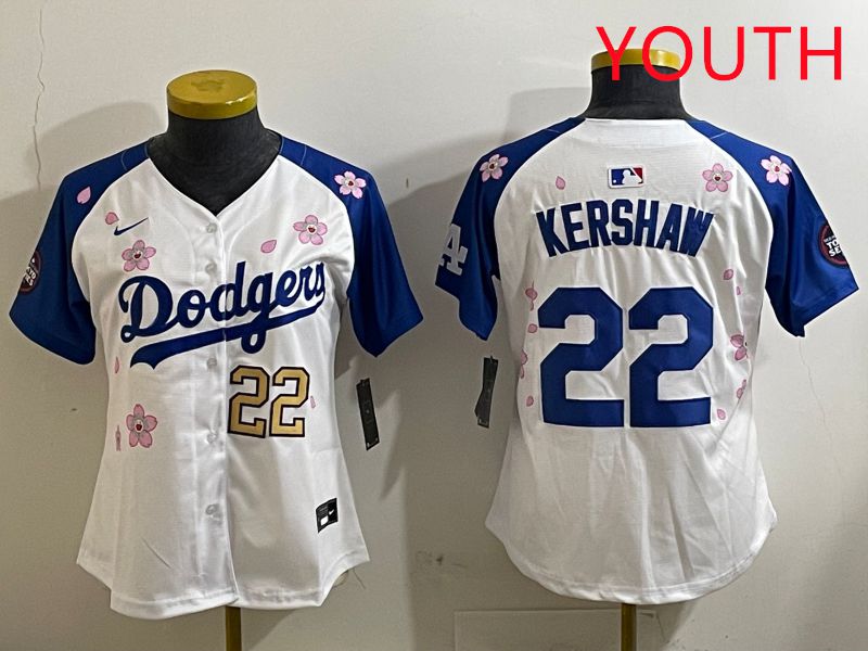 Youth Los Angeles Dodgers #22 Kershaw White Blue Sakura Edition 2025 Nike MLB Jersey style 3